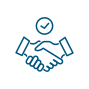 A handshake with a clock and a round circle

Description automatically generated